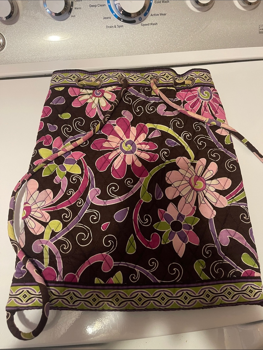 Vera Bradley Brown Floral Drawstring Cover-Up Bag with Pink and Green Accents